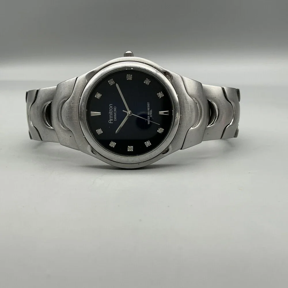 Armitron Diamond Mens Watch 38mm Blue Dial Stainless 50M New Battery 7.75